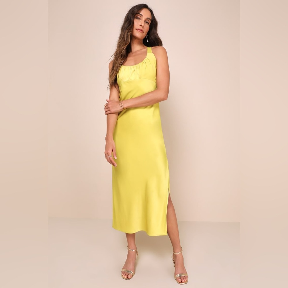 Lulus Certainly Glorious Chartreuse Satin Backless Midi Slip Dress NWT